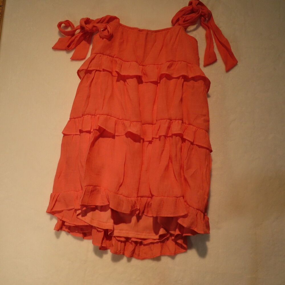 HYFVE Tiered Ruffle Mini Dress Coral Orange Tie Shoulder Sleeveless Womens S